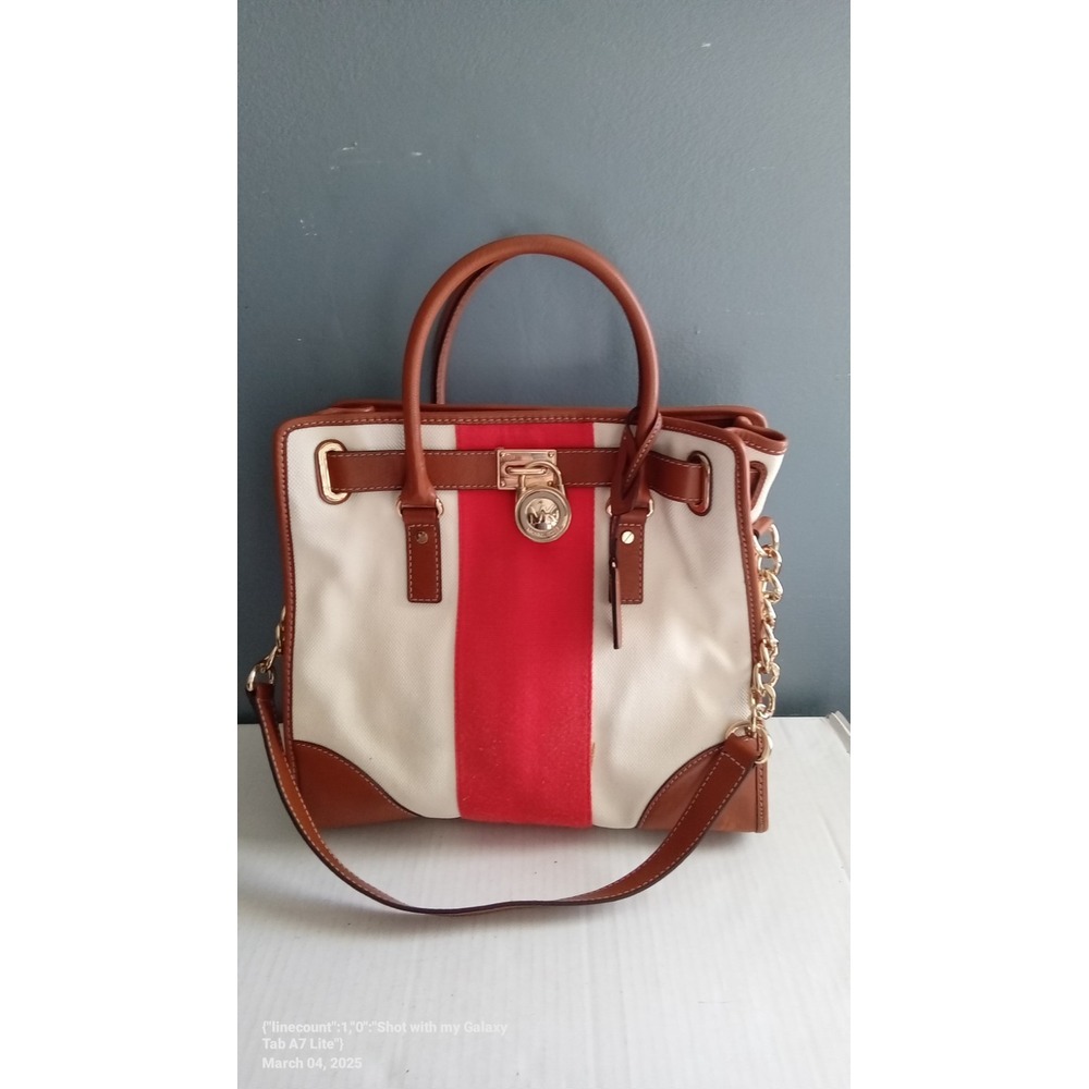Michael Kors Hamilton Canvas Satchel Bag Cream Red Stripe Brown Leather Trim